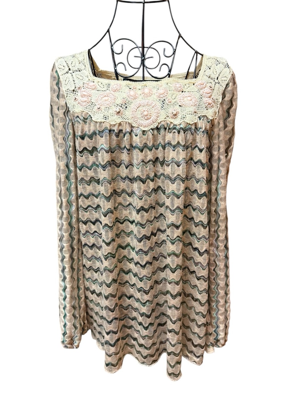 New Romantics Free People Crochet Yoke Embellished Tunic Top Pink Cream Green